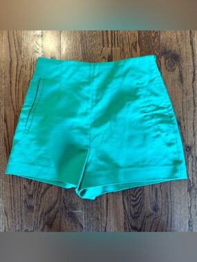 ZARA Tropical Teal Green/Blue Cotton Flat Front Shorts Size Small